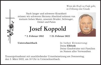 Traueranzeige von Josef Koppold von Aichacher Nachrichten