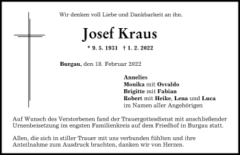 Traueranzeige von Josef Kraus von Günzburger Zeitung