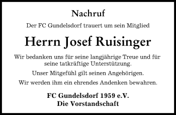 Traueranzeige von Josef Ruisinger von Aichacher Nachrichten