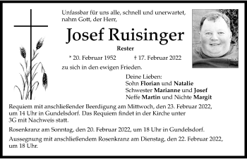 Traueranzeige von Josef Ruisinger von Aichacher Nachrichten