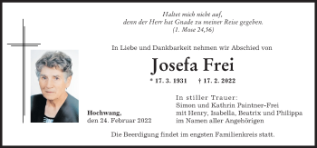 Traueranzeige von Josefa Frei von Günzburger Zeitung