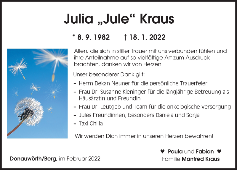  Traueranzeige für Julia Kraus vom 03.02.2022 aus Donauwörther Zeitung