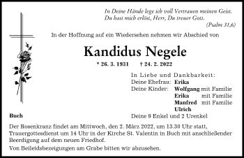 Traueranzeige von Kandidus Negele von Illertisser Zeitung