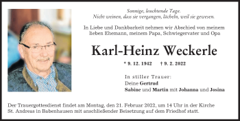 Traueranzeige von Karl-Heinz Weckerle von Illertisser Zeitung