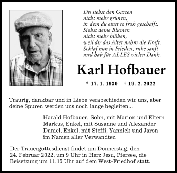Traueranzeige von Karl Hofbauer von Augsburger Allgemeine