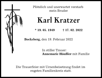 Traueranzeige von Karl Kratzer von Wertinger Zeitung