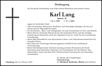 Traueranzeige von Karl Lang von Mittelschwäbische Nachrichten, Günzburger Zeitung
