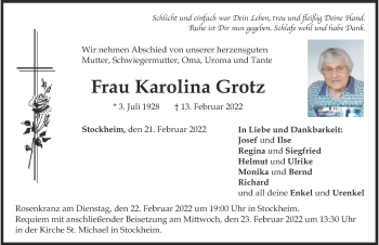 Traueranzeige von Karolina Grotz von Mindelheimer Zeitung