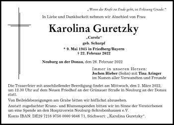 Traueranzeige von Karolina Guretzky von Friedberger Allgemeine, Neuburger Rundschau
