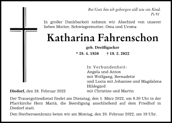 Traueranzeige von Katharina Fahrenschon von Augsburger Allgemeine