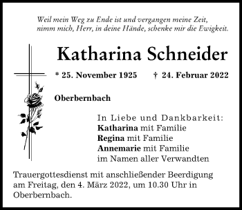 Traueranzeige von Katharina Schneider von Aichacher Nachrichten