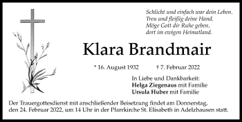 Traueranzeige von Klara Brandmair von Friedberger Allgemeine