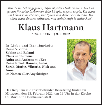 Traueranzeige von Klaus Hartmann von Illertisser Zeitung