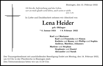 Traueranzeige von Lena Heider von Donau Zeitung