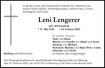 Traueranzeige von Leni Lengerer von Rieser Nachrichten, Donauwörther Zeitung