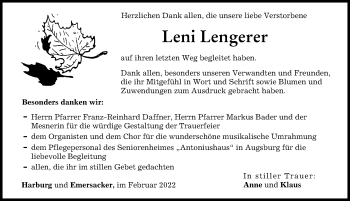 Traueranzeige von Leni Lengerer von Rieser Nachrichten, Donauwörther Zeitung