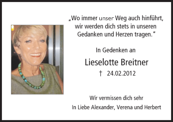 Traueranzeige von Lieselotte Breitner von Schwabmünchner Allgemeine