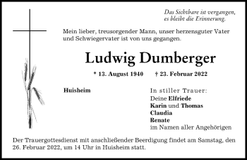 Traueranzeige von Ludwig Dumberger von Donauwörther Zeitung