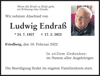 Traueranzeige von Ludwig Endraß von Friedberger Allgemeine, Augsburger Allgemeine