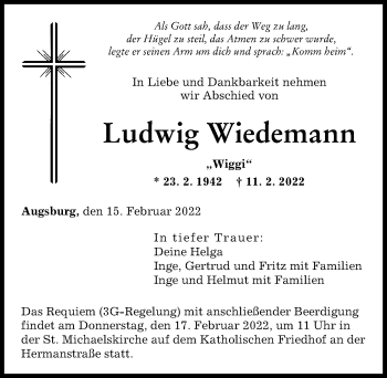 Traueranzeige von Ludwig Wiedemann von Augsburger Allgemeine