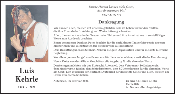Traueranzeige von Luis Kehrle von Neu-Ulmer Zeitung, Mittelschwäbische Nachrichten, Günzburger Zeitung