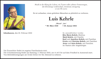 Traueranzeige von Luis Kehrle von Mittelschwäbische Nachrichten, Neu-Ulmer Zeitung, Günzburger Zeitung