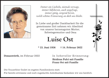 Traueranzeige von Luise Ost von Donauwörther Zeitung