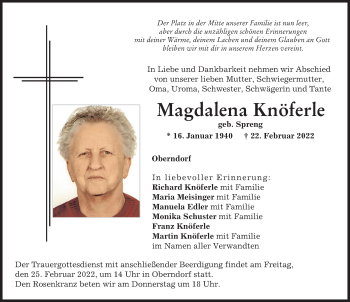 Traueranzeige von Magdalena Knöferle von Donauwörther Zeitung