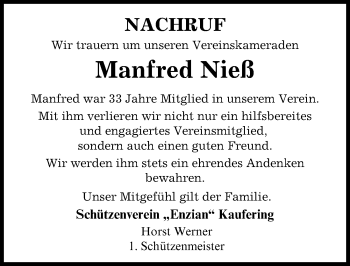 Traueranzeige von Manfred Nieß von Landsberger Tagblatt