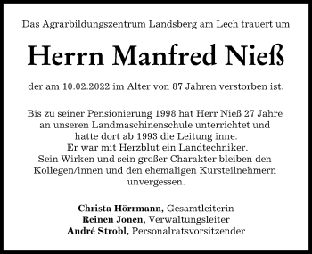 Traueranzeige von Manfred Nieß von Landsberger Tagblatt