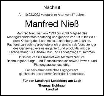 Traueranzeige von Manfred Nieß von Landsberger Tagblatt
