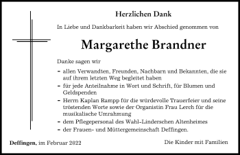 Traueranzeige von Margarethe Brandner von Günzburger Zeitung