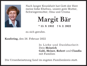 Traueranzeige von Margit Bär von Landsberger Tagblatt