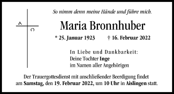 Traueranzeige von Maria Bronnhuber von Rieser Nachrichten