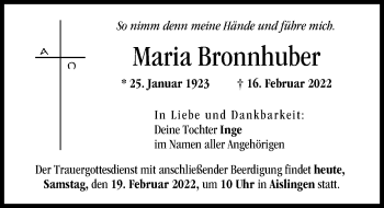 Traueranzeige von Maria Bronnhuber von Donau Zeitung