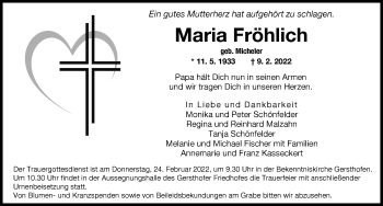 Traueranzeige von Maria Fröhlich von Wertinger Zeitung, Augsburger Allgemeine
