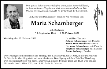 Traueranzeige von Maria Schamberger von Friedberger Allgemeine