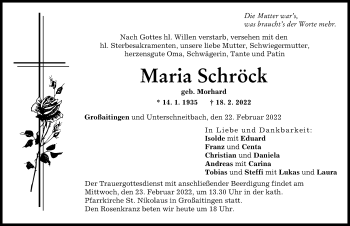 Traueranzeige von Maria Schröck von Schwabmünchner Allgemeine
