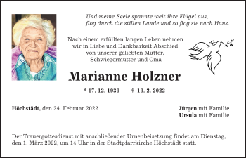 Traueranzeige von Marianne Holzner von Donau Zeitung