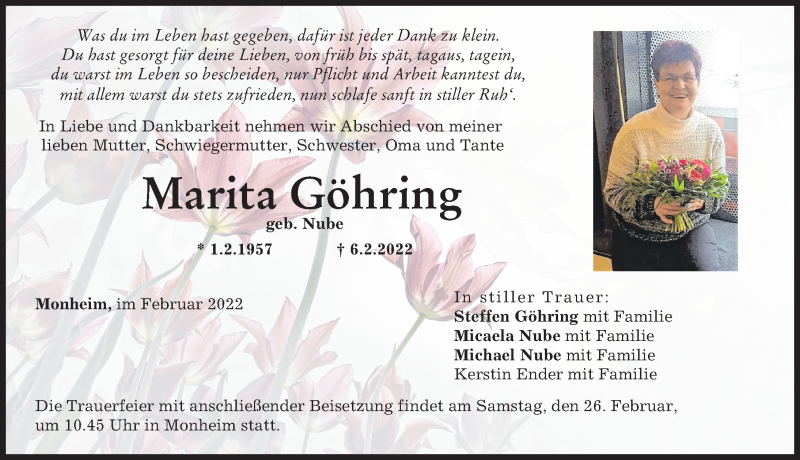  Traueranzeige für Marita Göhring vom 19.02.2022 aus Donauwörther Zeitung