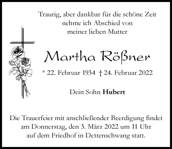Traueranzeige von Martha Rößner von Landsberger Tagblatt