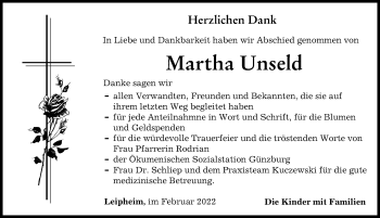 Traueranzeige von Martha Unseld von Günzburger Zeitung