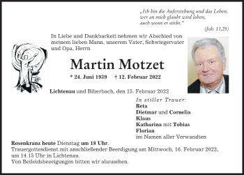 Traueranzeige von Martin Motzet von Neuburger Rundschau