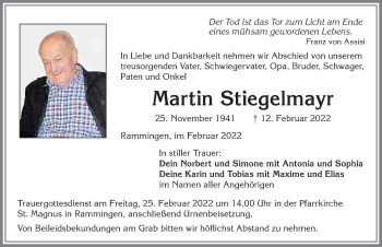 Traueranzeige von Martin Stiegelmayr von Mindelheimer Zeitung