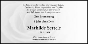Traueranzeige von Mathilde Settele von Augsburger Allgemeine