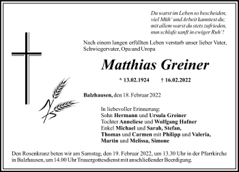 Traueranzeige von Matthias Greiner von Mittelschwäbische Nachrichten