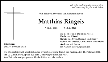 Traueranzeige von Matthias Ringeis von Günzburger Zeitung