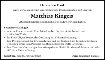 Traueranzeige von Matthias Ringeis von Günzburger Zeitung