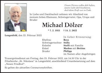 Traueranzeige von Michael Dölzer von Landsberger Tagblatt