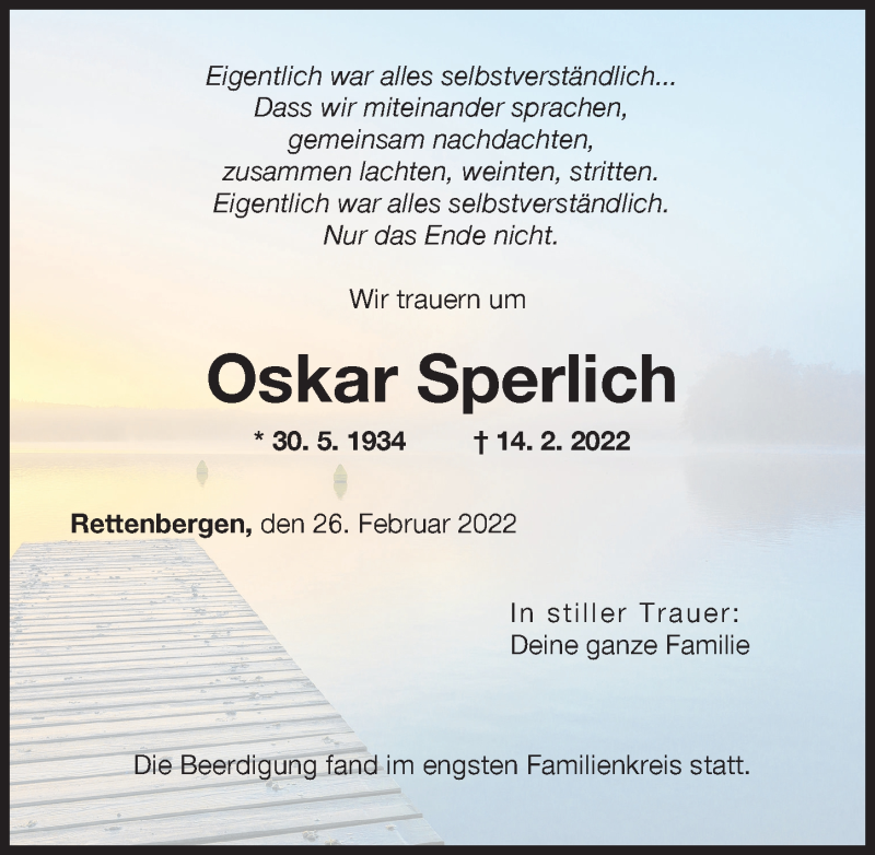  Traueranzeige für Oskar Sperlich vom 26.02.2022 aus Augsburger Allgemeine